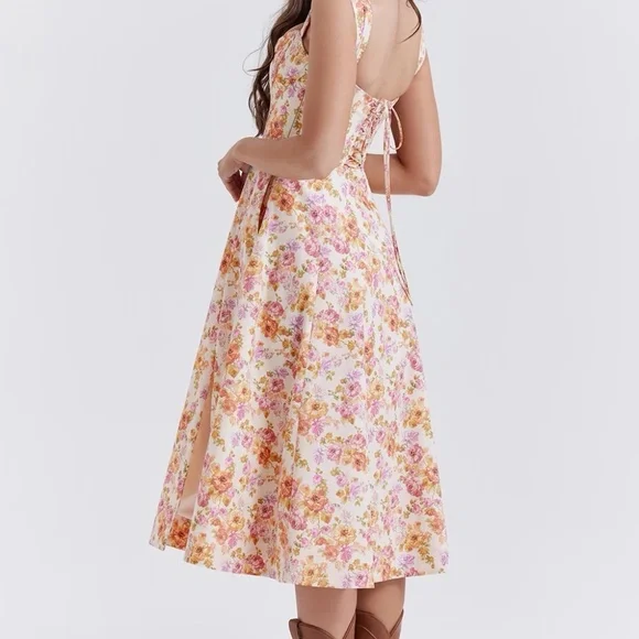 House of CB Pink and Yellow Floral Midi Dress - Saira - Picture 4 of 7